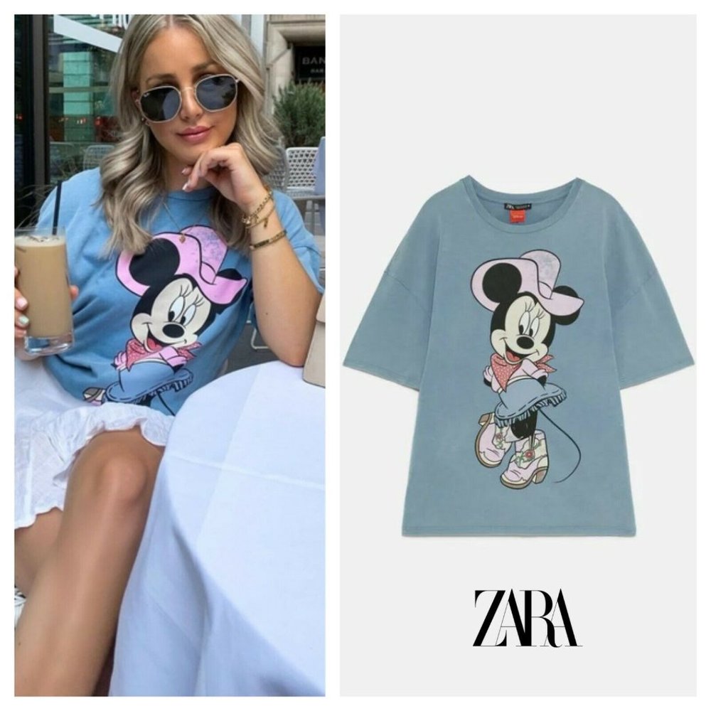 Zara Light Blue Minnie Mouse Graphic Short Sleeve Tee with Pink Accents